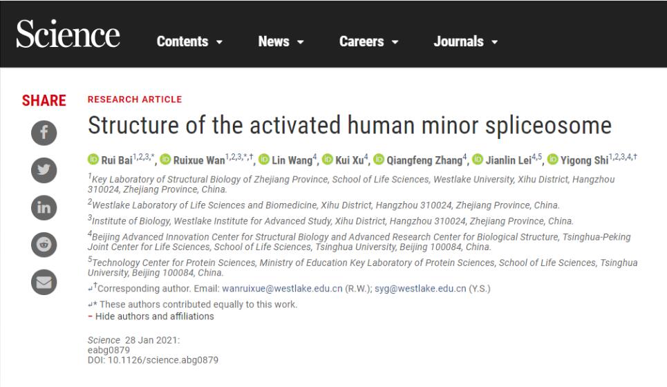 2021年万蕊雪&施一公团队首次在《科学》杂志发文报道次要剪接体相关成果