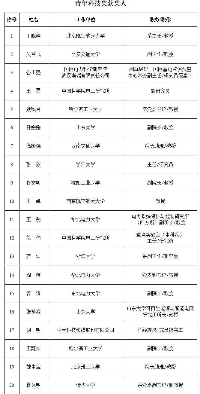 2024年度中国电工技术学会科学技术奖获奖项目和青年科技奖获奖人公布