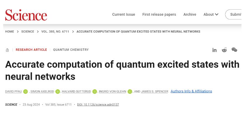 帝国理工学院Science: 使用神经网络精确计算量子激发态