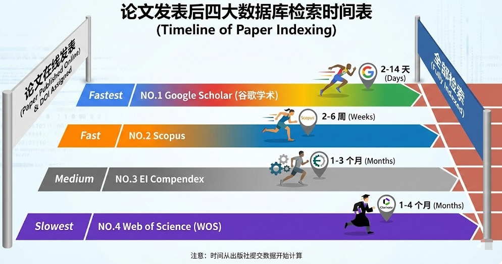 论文发表后多久被 WOS, Scopus, EI, GS 检索？四大数据库收录时间表详解