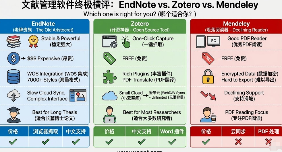 EndNote, Zotero, Mendeley 哪个好？2026 科研文献管理软件横评