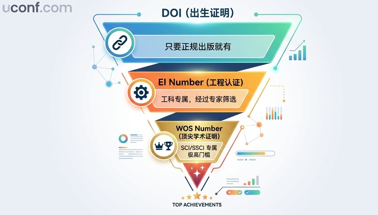 一张图看懂：DOI 是普发身份证，而 WOS 和 EI 才是经过千挑万选的学术勋章。