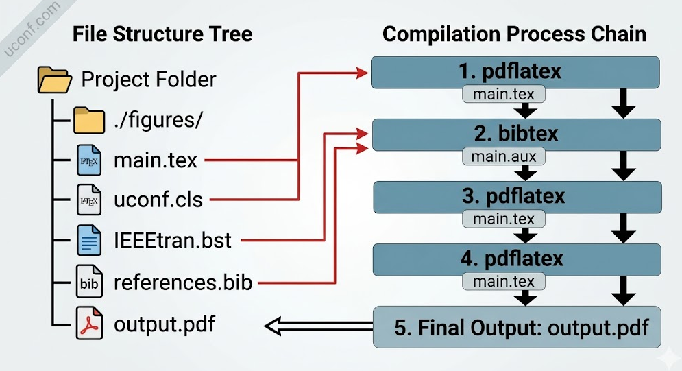 IEEE-LaTeX模板文件结构与编译流程图