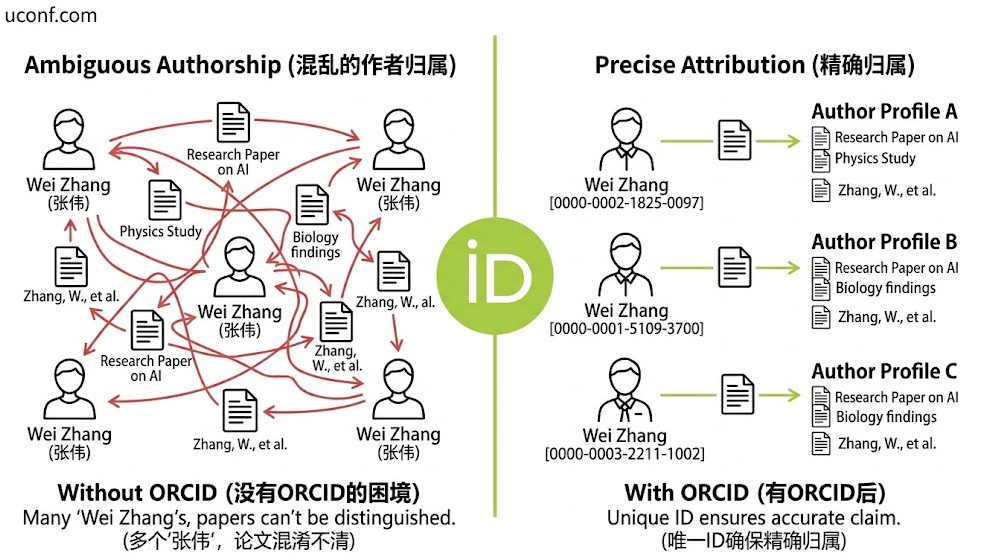 ORCID解决学术重名和论文归属问题对比示意图