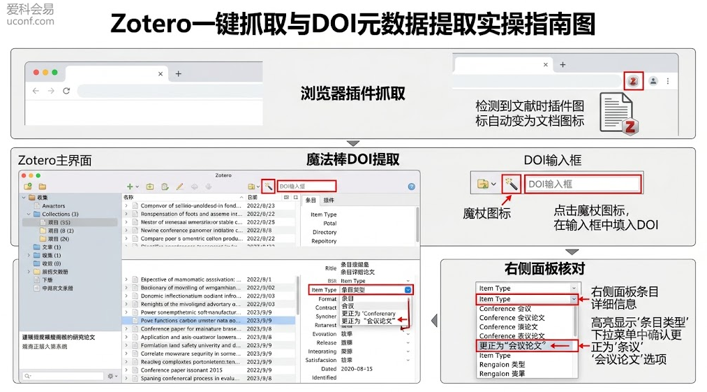 Zotero文献管理软件利用Connector插件与魔法棒工具一键抓取会议论文DOI及元数据的实操流程图