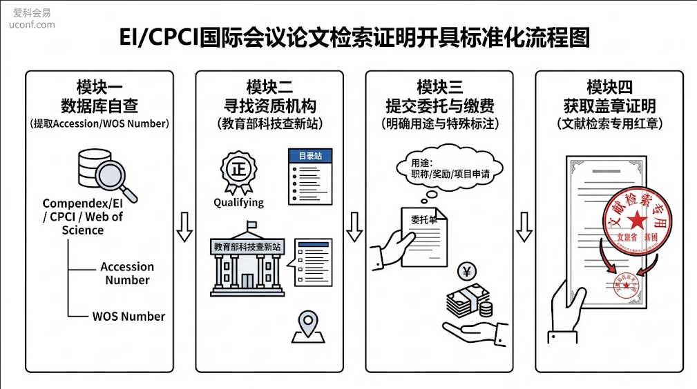 EI与CPCI国际学术会议论文官方文献收录与检索证明开具流程图解：从自查入藏号到科技查新站盖章