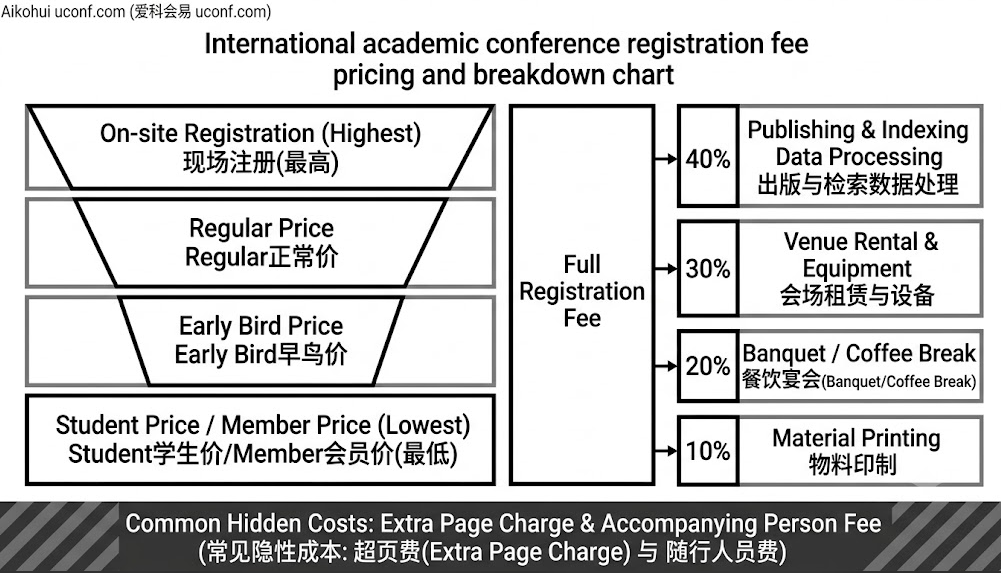 国际学术会议注册费定价梯度与成本构成解剖图：详细拆解了早鸟价、学生价的区别，以及注册费中包含的出版检索、宴会餐饮成本与超页费等隐性支出