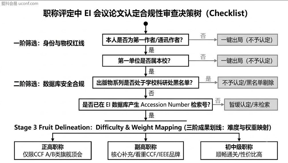 职称评定中EI会议论文合规性核查流程图:详细拆解了评中级、副高、正高职称对会议论文的要求,以及第一作者、单位红线与EI检索号的时间控制点