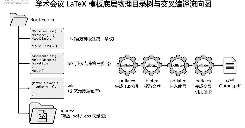 学术会议LaTeX模板文件结构与编译流向图