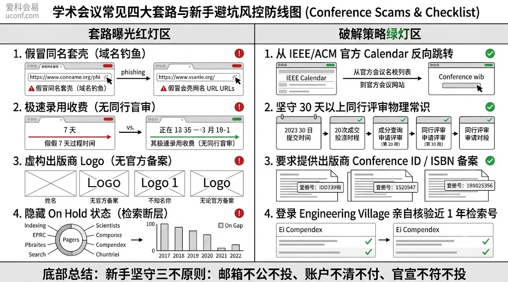 学术会议四大套路曝光与新手避坑指南图：详细拆解了假冒同名套壳、极速录用收费、虚构IEEE赞助以及隐瞒On Hold断流状态的破解策略