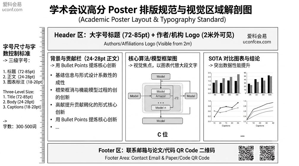 学术会议Poster墙报高分排版解剖图:详细拆解了三栏式视觉模块架构、2米可读字号规范、核心模型图C位摆放以及底部QR Code二维码等制作细节