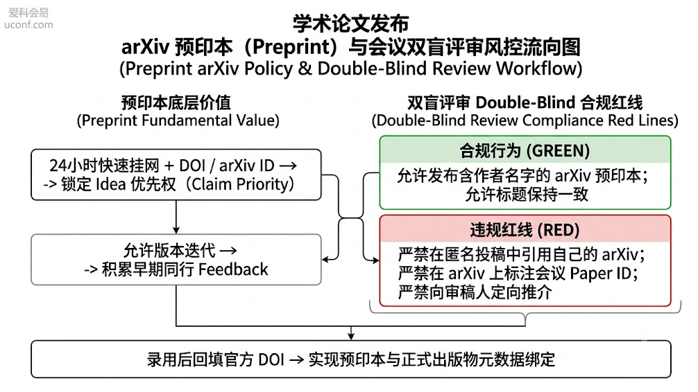 预印本 arXiv 发布与双盲评审风控流向图
