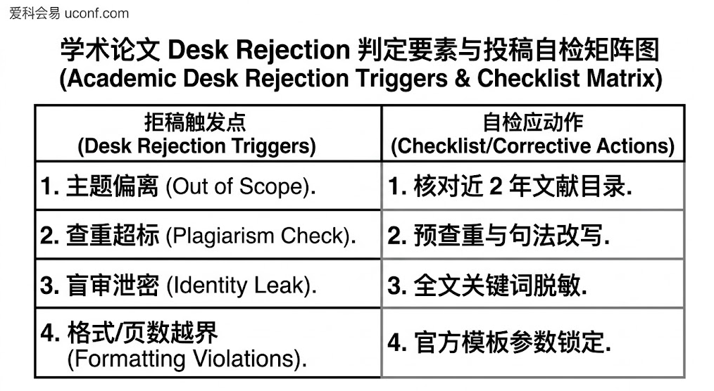 学术论文 Desk Rejection 判定原因与防范自检矩阵图