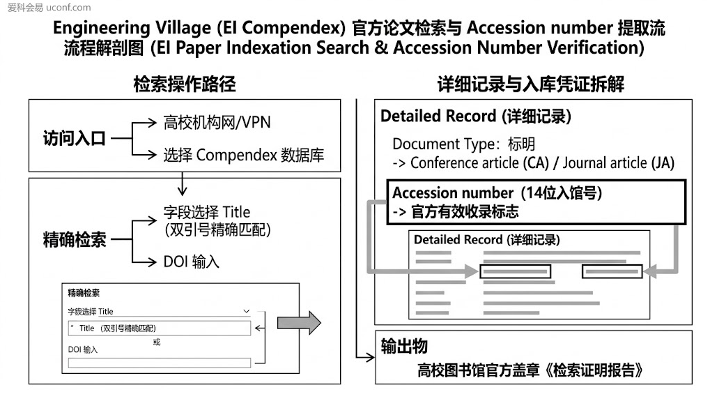 EI Compendex 论文检索与入馆号核验流程矩阵图