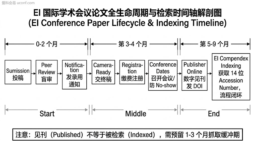 EI 会议论文出版与检索全生命周期时间轴图