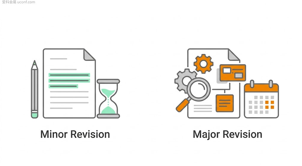 学术论文 Minor Revision 小修与 Major Revision 大修修改工作量与流程对比图