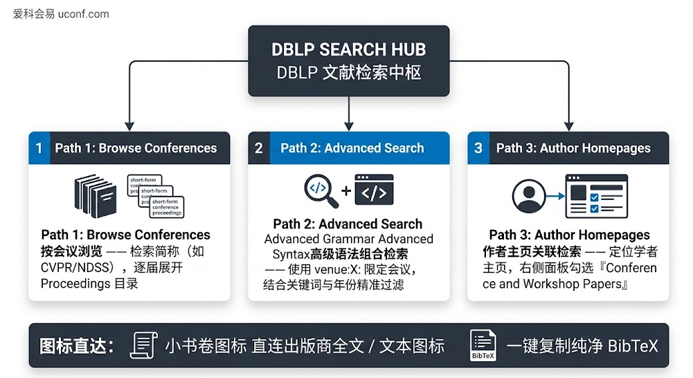 计算机文献数据库 DBLP 会议论文三种核心检索路径与功能图标图解