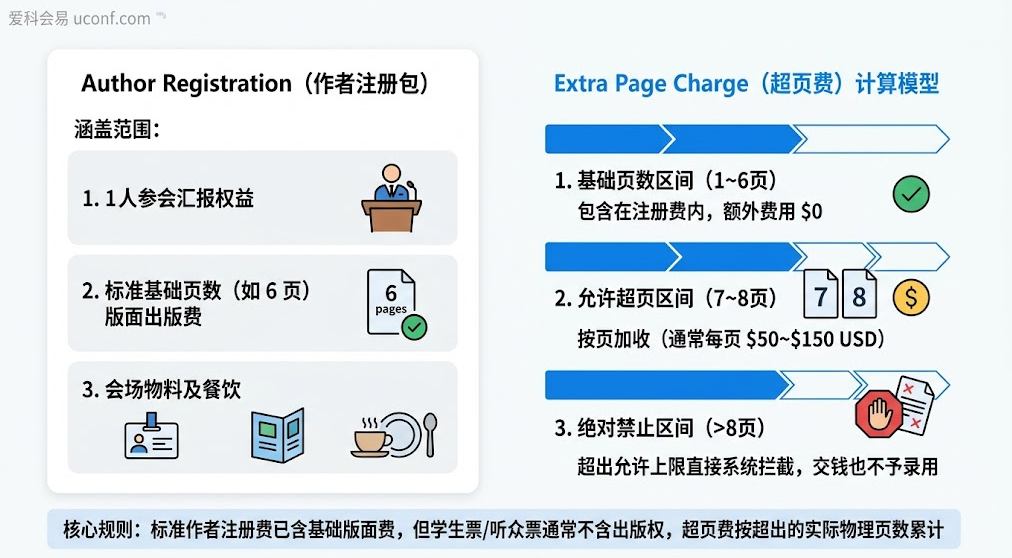 国际学术会议作者注册费(Registration Fee)涵盖项目与超页费(Overlength Page Charges)计算公式图解