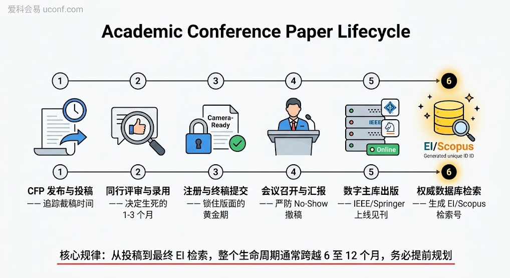 从 Call for Papers 征稿到最终 EI/Scopus 检索的国际学术会议出版全生命周期六大核心阶段流程图解