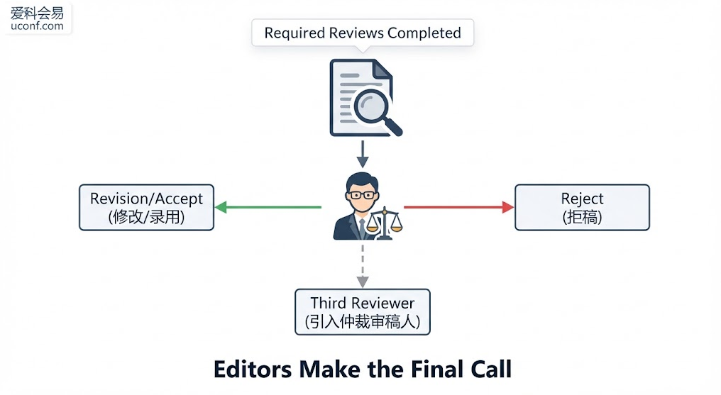 Required Reviews Completed状态后主编裁决流程与拒稿风险解析图