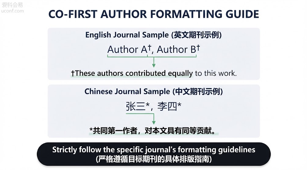 中英文学术期刊共同第一作者(Co-First Author)标准标注格式与符号示例图