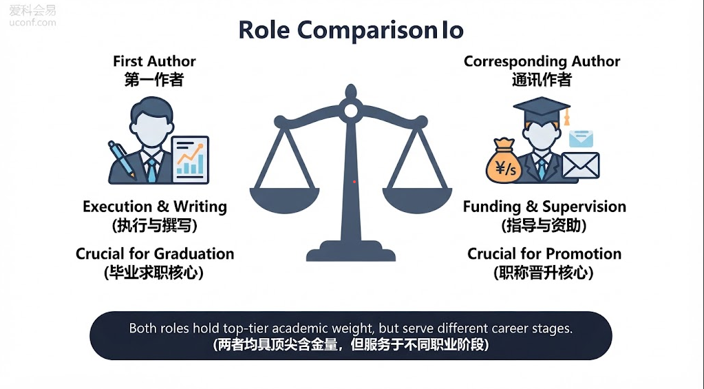 学术论文第一作者与通讯作者(Corresponding Author)核心区别与署名排序规则解析图